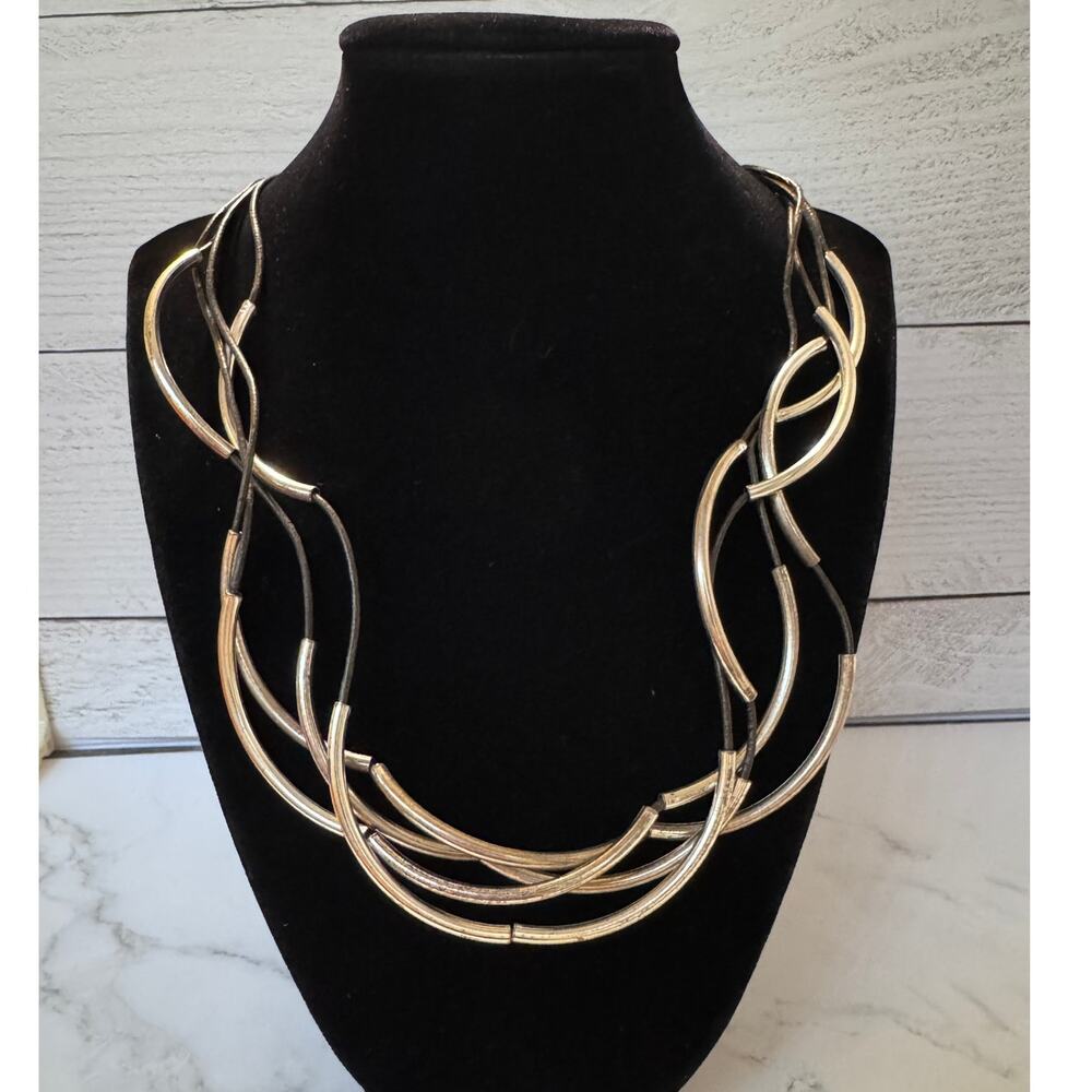 Lizzy James Leather Silver Tone Curved Bead Necklace with patina 20 Inches